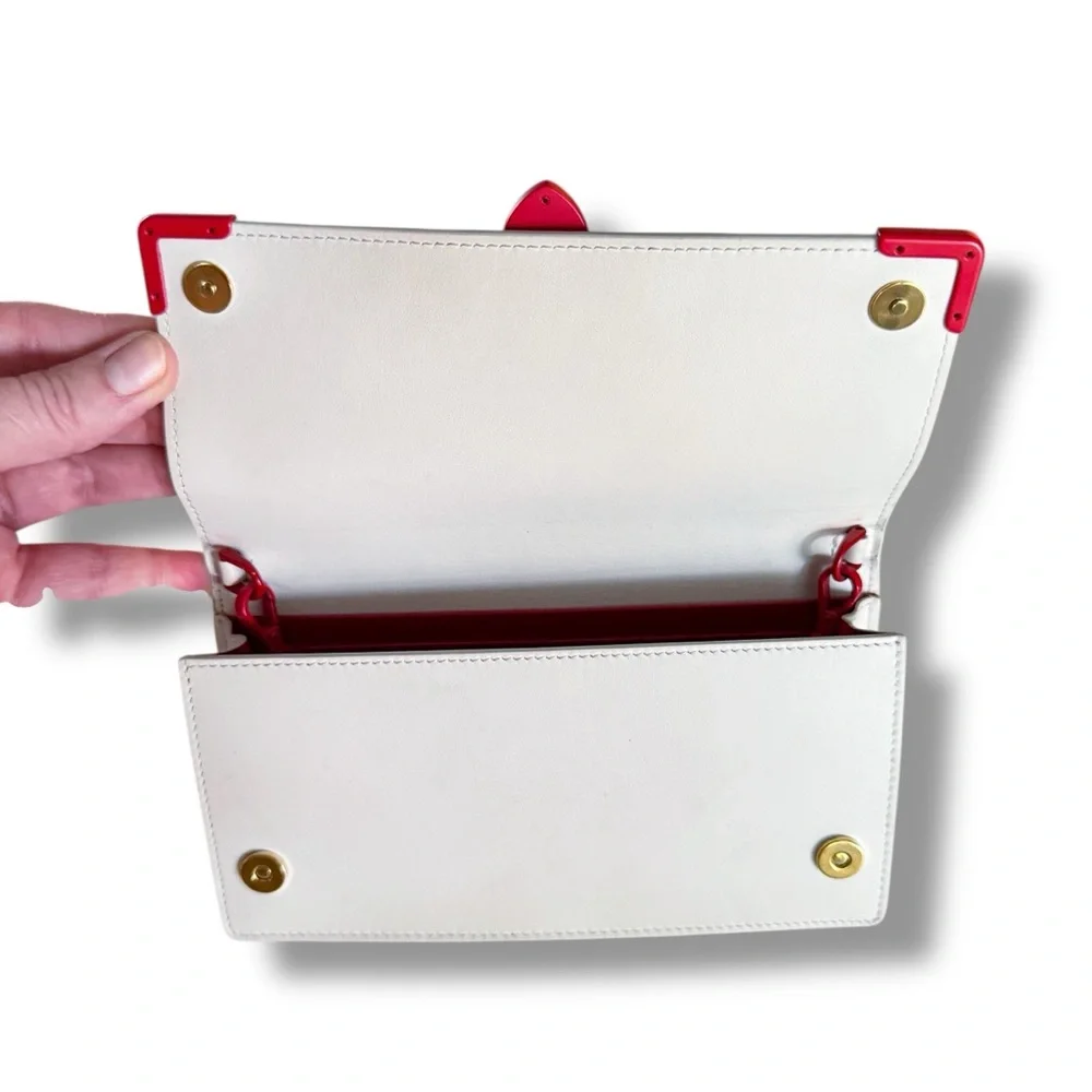 Prada Cahier Wallet On Chain Valentine Heart Applique White Saffiano Red